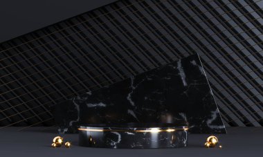 Geometrik şekilli ve altın elementli yuvarlak podyum. Soyut boş kaide, görünüm platformu. 3d oluşturma