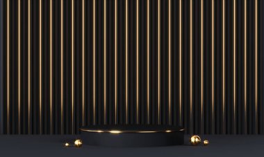 Geometrik şekilli ve altın elementli yuvarlak podyum. Soyut boş kaide, görünüm platformu. 3d oluşturma