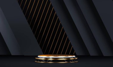 Geometrik şekilli ve altın elementli yuvarlak podyum. Soyut boş kaide, görünüm platformu. 3d oluşturma