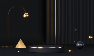 Geometrik şekilli ve altın elementli yuvarlak podyum. Soyut boş kaide, görünüm platformu. 3d oluşturma