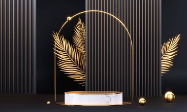 Geometrik şekilli ve altın elementli yuvarlak podyum. Soyut boş kaide, görünüm platformu. 3d oluşturma