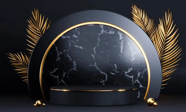 Geometrik şekilli ve altın elementli yuvarlak podyum. Soyut boş kaide, görünüm platformu. 3d oluşturma