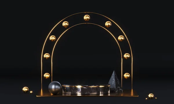 Podium bulat dengan bentuk geometris dan elemen emas. Pijakan kosong abstrak, tampilan platform. Rendering 3d — Stok Foto