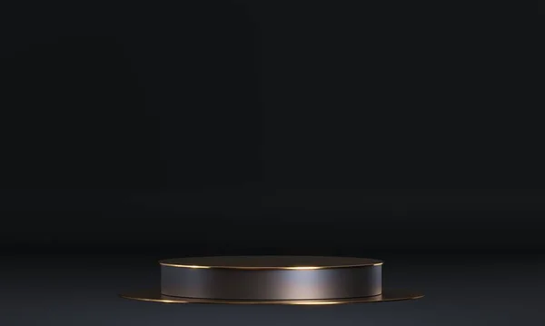 Geometrik şekilli ve altın elementli yuvarlak podyum. Soyut boş kaide, görünüm platformu. 3d oluşturma