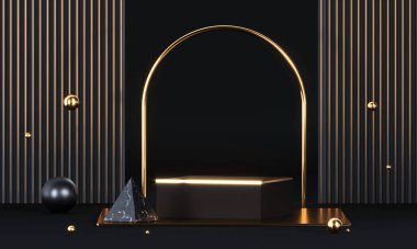 Geometrik şekilli ve altın elementli yuvarlak podyum. Soyut boş kaide, görünüm platformu. 3d oluşturma
