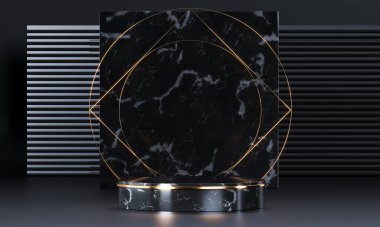 Geometrik şekilli ve altın elementli yuvarlak podyum. Soyut boş kaide, görünüm platformu. 3d oluşturma