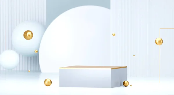Podium rond avec des formes géométriques et des éléments en or. Piédestal vierge abstrait, plate-forme d'affichage. Rendu 3d — Photo