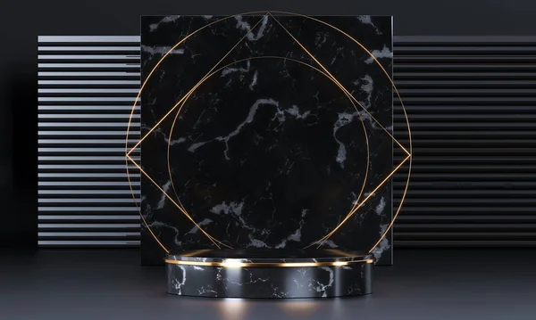 Geometrik şekilli ve altın elementli yuvarlak podyum. Soyut boş kaide, görünüm platformu. 3d oluşturma