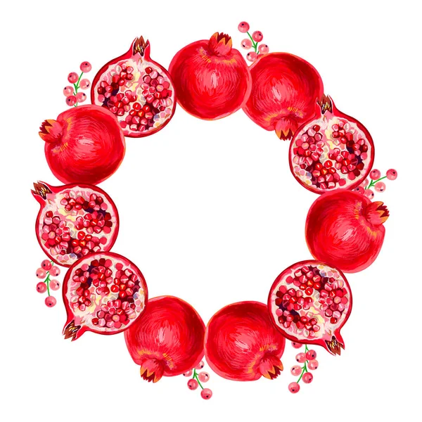 Okrągła Rama Wykonana Malowanych Owoców Gwasz Ręcznie Rysowane Granaty Gwasz — Zdjęcie stockowe