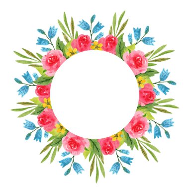 Çiçekli yuvarlak suluboya çerçeve. Davetiyeler, kartpostallar, tebrik kartları ve diğer tasarımlar için.
