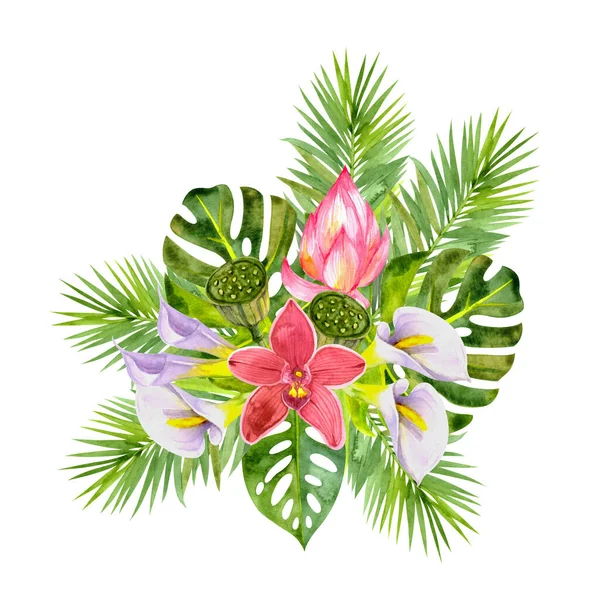 Kytice Jasných Tropických Květin Listů Malovaných Akvarelem Pro Design Pohlednic — Stock fotografie
