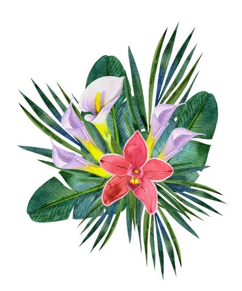 Bouquet of bright tropical flowers and leaves painted in watercolor. For the design of postcards, invitations, posters, packaging, textiles and more.