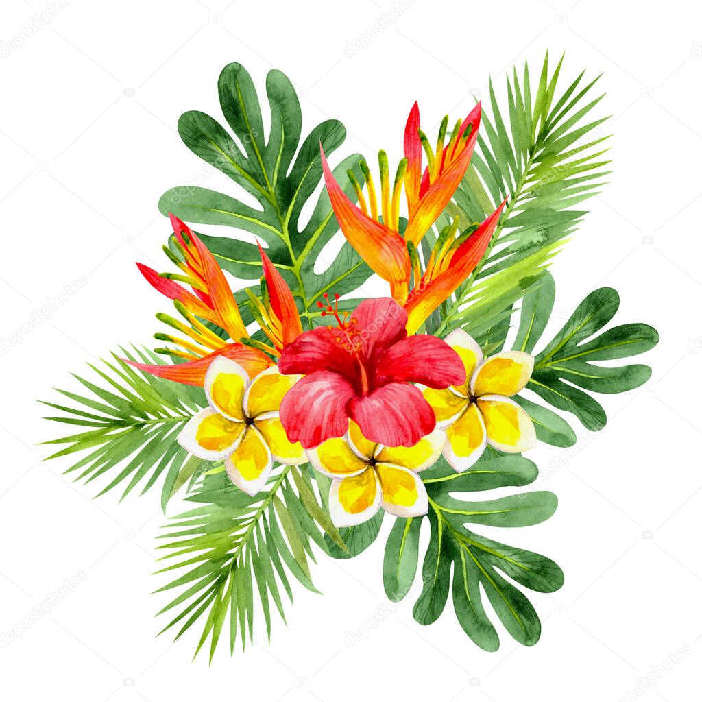 Bouquet of bright tropical flowers and leaves painted in watercolor. For the design of postcards, invitations, posters, packaging, textiles and more.