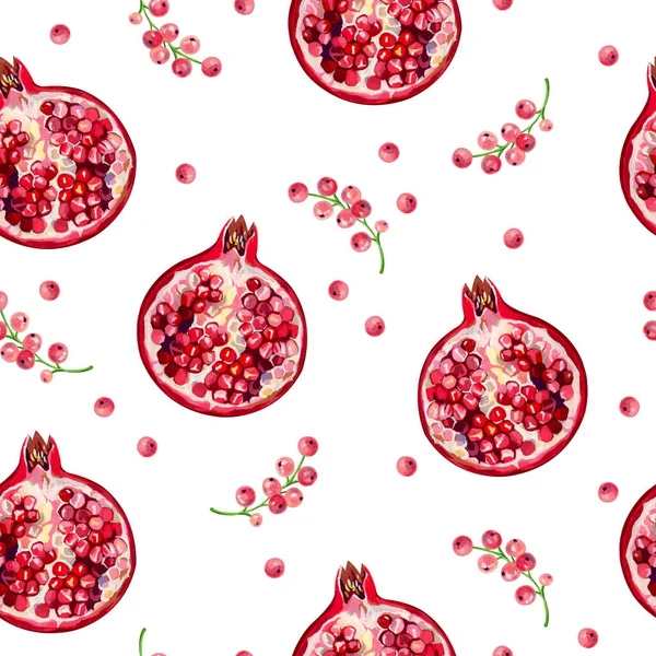 Bezešvé Ovoce Vzor Granátové Jablko Plevele Bílém Pozadí — Stock fotografie
