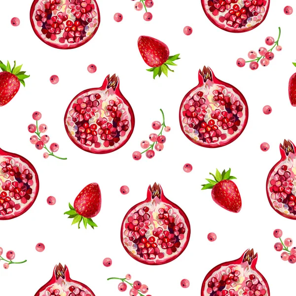 Nahtloses Fruchtmuster Mit Granatäpfeln Erdbeeren Und Knöterich Auf Weißem Hintergrund — Stockfoto