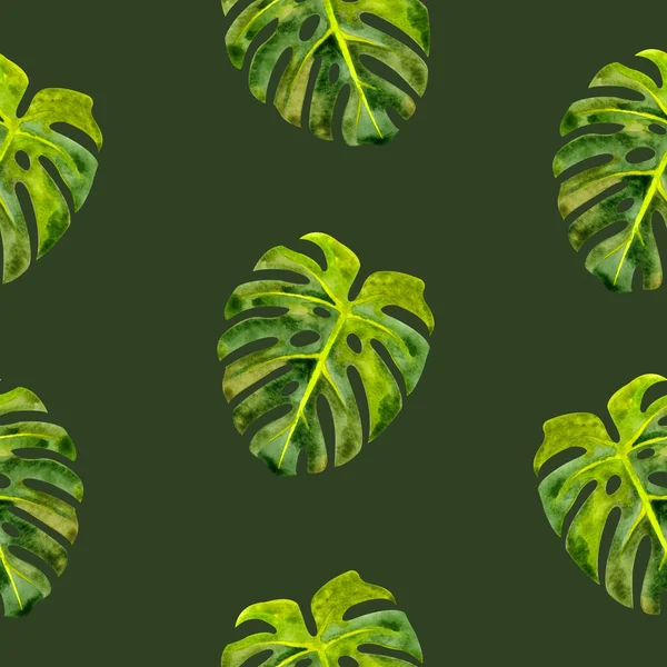Seamless pattern with watercolor tropical leaves on a dark green background. Pattern with monstera leaves.