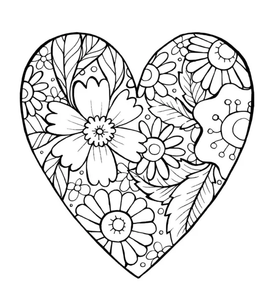 Linear illustration of a heart. Coloring heart with flowers. Decorative heart.