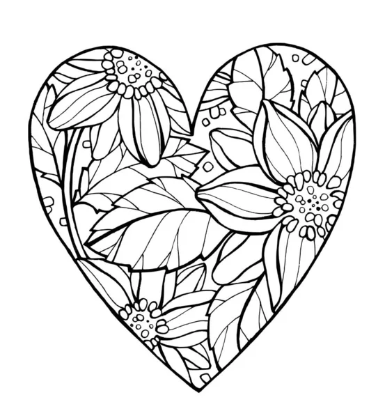 Bir Kalbin Doğrusal Çizimi Kalbi Çiçeklerle Boyamak Dekoratif Kalp — Stok fotoğraf
