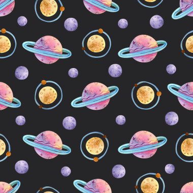 Siyah arka planda suluboya gezegenleri olan kusursuz bir desen. Sevimli çocuksu alan deseni.