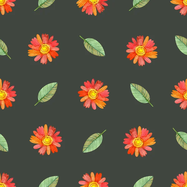 Cute Pattern Watercolor Stylized Flowers Leaves Seamless Pattern Red Flowers — Stock Photo, Image