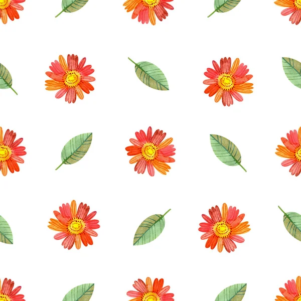 Cute Pattern Watercolor Stylized Flowers Leaves Seamless Pattern Red Flowers — Stock Photo, Image