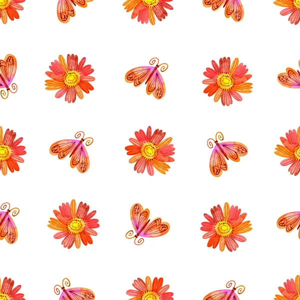 Cute Pattern Watercolor Stylized Flowers Moths Seamless Pattern Bright Flowers — Stock Photo, Image