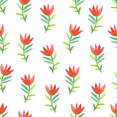 Beyaz arka planda biçimlendirilmiş suluboya çiçekleri olan kusursuz desen.