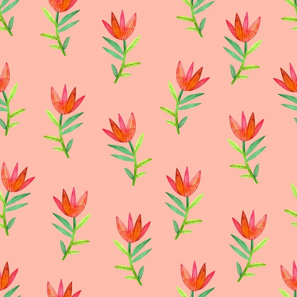 Seamless Pattern Stylized Watercolor Flowers Pink Background — Stock Photo, Image