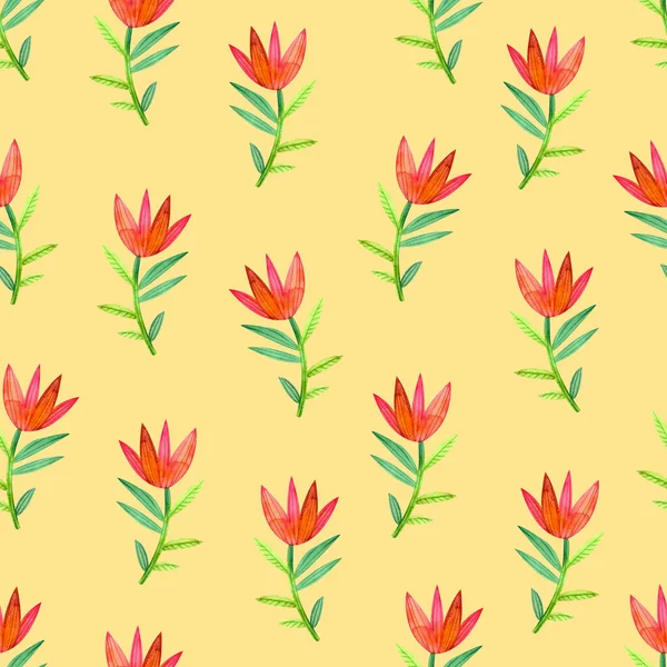Seamless Pattern Stylized Watercolor Flowers Yellow Background — Stock Photo, Image