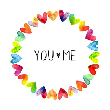 Beyaz arka planda izole edilmiş suluboya kalplerin yuvarlak çerçevesi. Sevgililer günü, düğün, doğum günü ve diğer tatiller için tebrik kartları tasarlamak için..