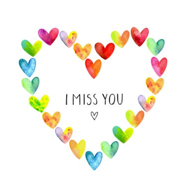 Beyaz arka planda izole edilmiş suluboya kalplerden yapılmış kalp şeklinde bir çerçeve. Sevgililer günü, düğün, doğum günü ve diğer tatiller için tebrik kartları tasarlamak için..