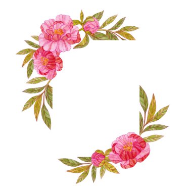 Üzerinde pembe şakayık ve yeşil yapraklar olan dikdörtgen bir çerçeve. Davetiyeler, posterler, kartlar için çiçek çerçevesi. Düğün için romantik şablon, Sevgililer Günü. 