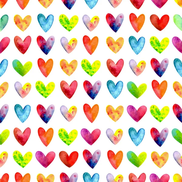 Бесшовный Рисунок Разноцветными Акварельными Сердцами Упаковки Бумаги Обоев Текстиля Многое — стоковое фото