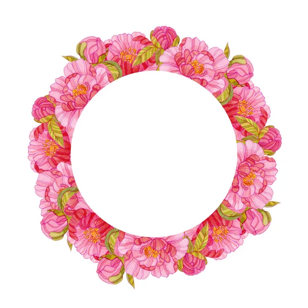 Wreath Watercolor Pink Peonies Isolated White Background Design Cards Weddings — Stock Photo, Image