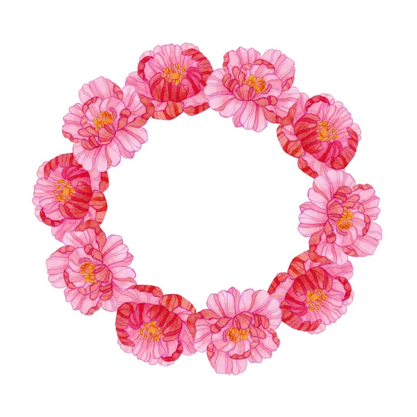 Wreath Watercolor Pink Peonies Isolated White Background Design Cards Weddings — Stock Photo, Image