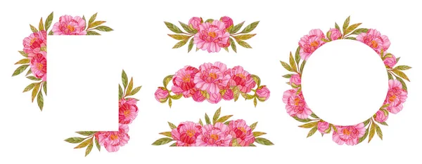 Collection Watercolor Hand Drawn Floral Frames Borders Peonies Leaves Floral — Stock Photo, Image