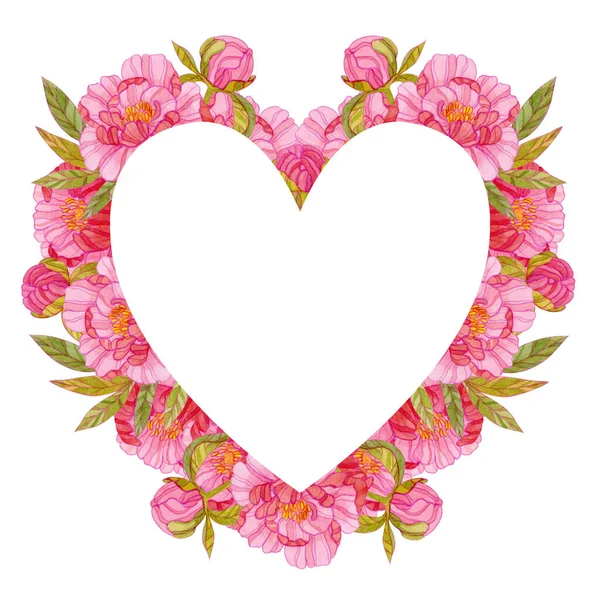 Heart Frame Watercolor Pink Peony Flowers Green Leaves Heart Frame — Stock Photo, Image