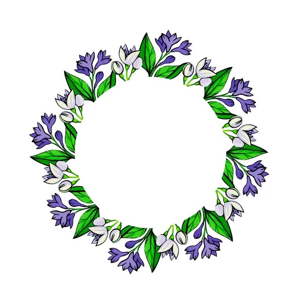 Round floral frame. Frame with purple lilac flowers and white jasmine flowers and green leaves painted with gouache. Template for cards for birthday, wedding, anniversary, mother\'s day, March 8.