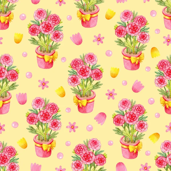 Cute Girly Pattern Stylized Watercolor Flowers Yellow Background Floral Seamless — Stock Photo, Image