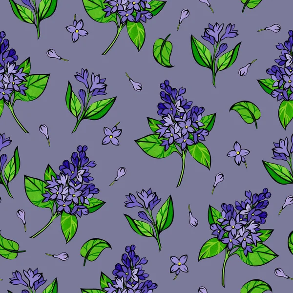 无缝隙图案 紫色紫丁香花和紫色背景的绿叶 花是用粉刺涂成的 — 图库照片