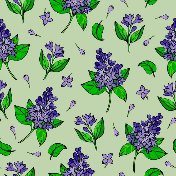Бесшовный Узор Фиолетовыми Лиловыми Цветами Зелеными Листьями Светло Зеленом Фоне — стоковое фото