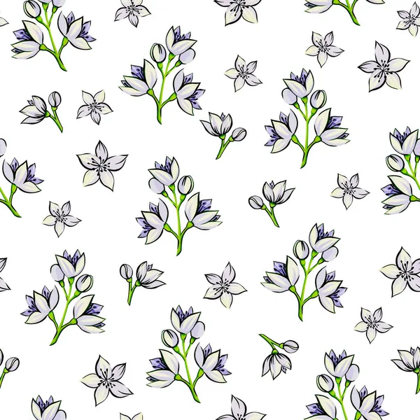 无缝隙图案 紫色紫丁香花 白色茉莉花 绿色叶子 白色背景 粉刷而成的花 — 图库照片
