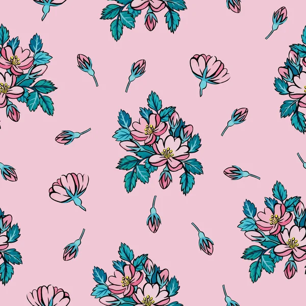 Seamless Pattern Rosehip Flowers Painted Gouache Pattern Flowers Leaves Pink — Stock Photo, Image