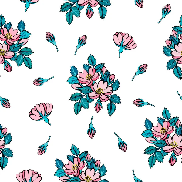 Seamless Pattern Rosehip Flowers Painted Gouache Pattern Flowers Leaves White — Stock Photo, Image