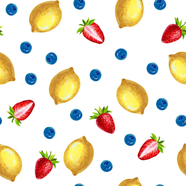Seamless fruit pattern. Gouache drawn lemon, blueberry and strawberry.