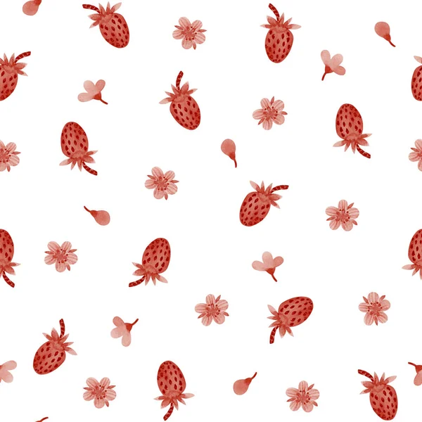 Nahtloses Muster Mit Erdbeeren Und Handgezeichneten Aquarellblumen Auf Weißem Hintergrund — Stockfoto