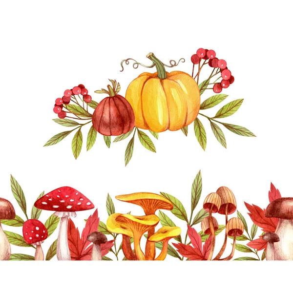 Illustration Mit Kürbissen Und Nahtlosem Rand Mit Pilzen Und Blättern — Stockfoto