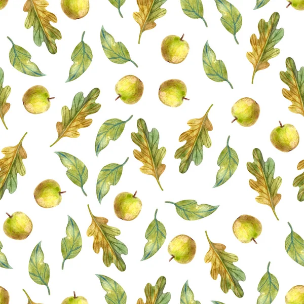 Nahtloses Herbstmuster Mit Blättern Und Äpfeln Handgezeichnet Aquarell Für Packpapier — Stockfoto