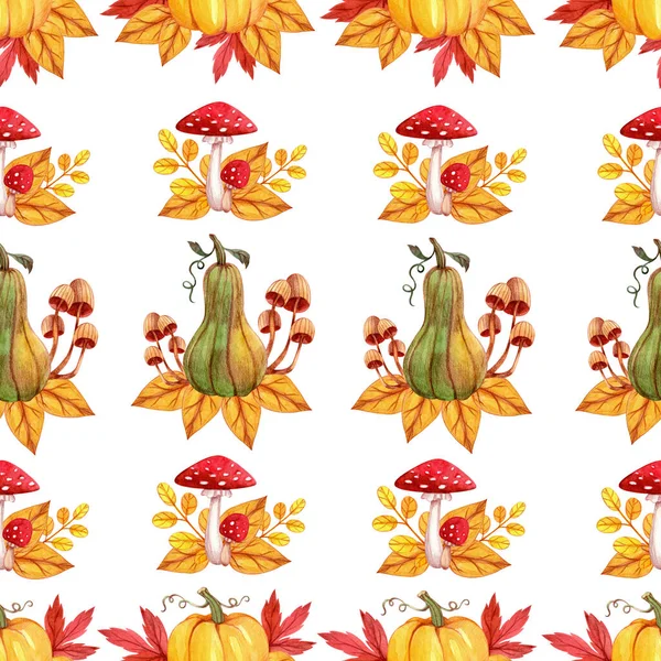Бесшовный Осенний Узор Грибами Тыквами Листьями Рисуется Вручную Акварелью Цветными — стоковое фото
