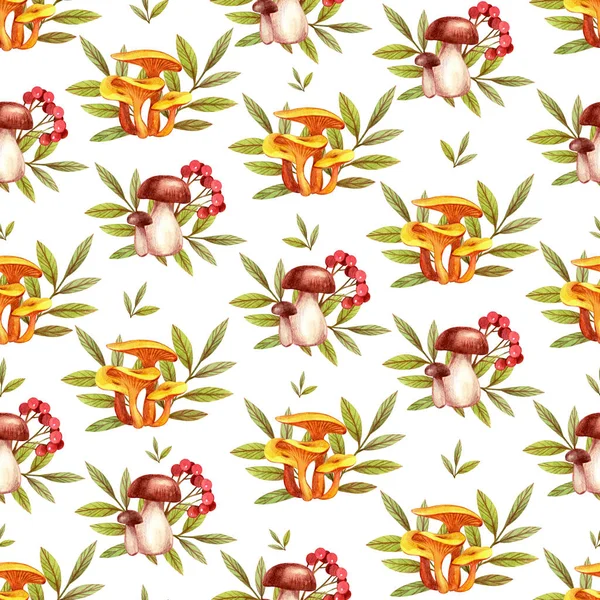 Seamless autumn pattern with mushrooms, viburnum and leaves. Drawn by hand with watercolors and colored pencils. For wrapping paper, wallpaper, textiles and more.
